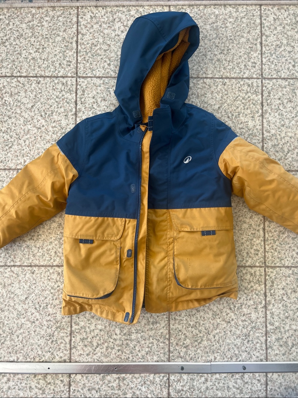 Kids Hooded Colorblock Rain Jacket - Navy & Mustard